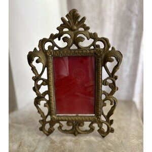 Antique Ornate Brass Picture Frame With Red Velvet Backing & Intricate Design 10